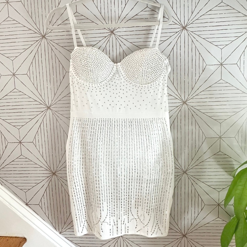 White Rhinestone Bodycon Mini Dress Sparkly Beaded Spaghetti Strap Party Club XL